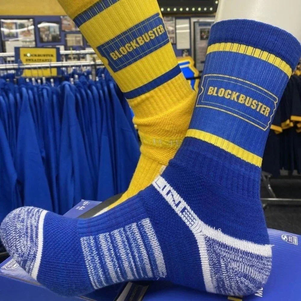 Blockbuster Blue Yellow Ticket Logo Crew Socks Sz M/L